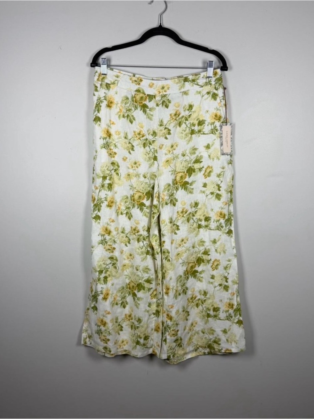 Laura Ashley White Linen Top with Green and Yellow Floral Print